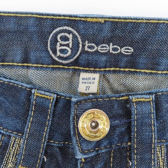 Bebe Womens 27 Gold Silver Thread Embroidered Dark Blue Denim Jeans Flare Y2K - Picture 9 of 13